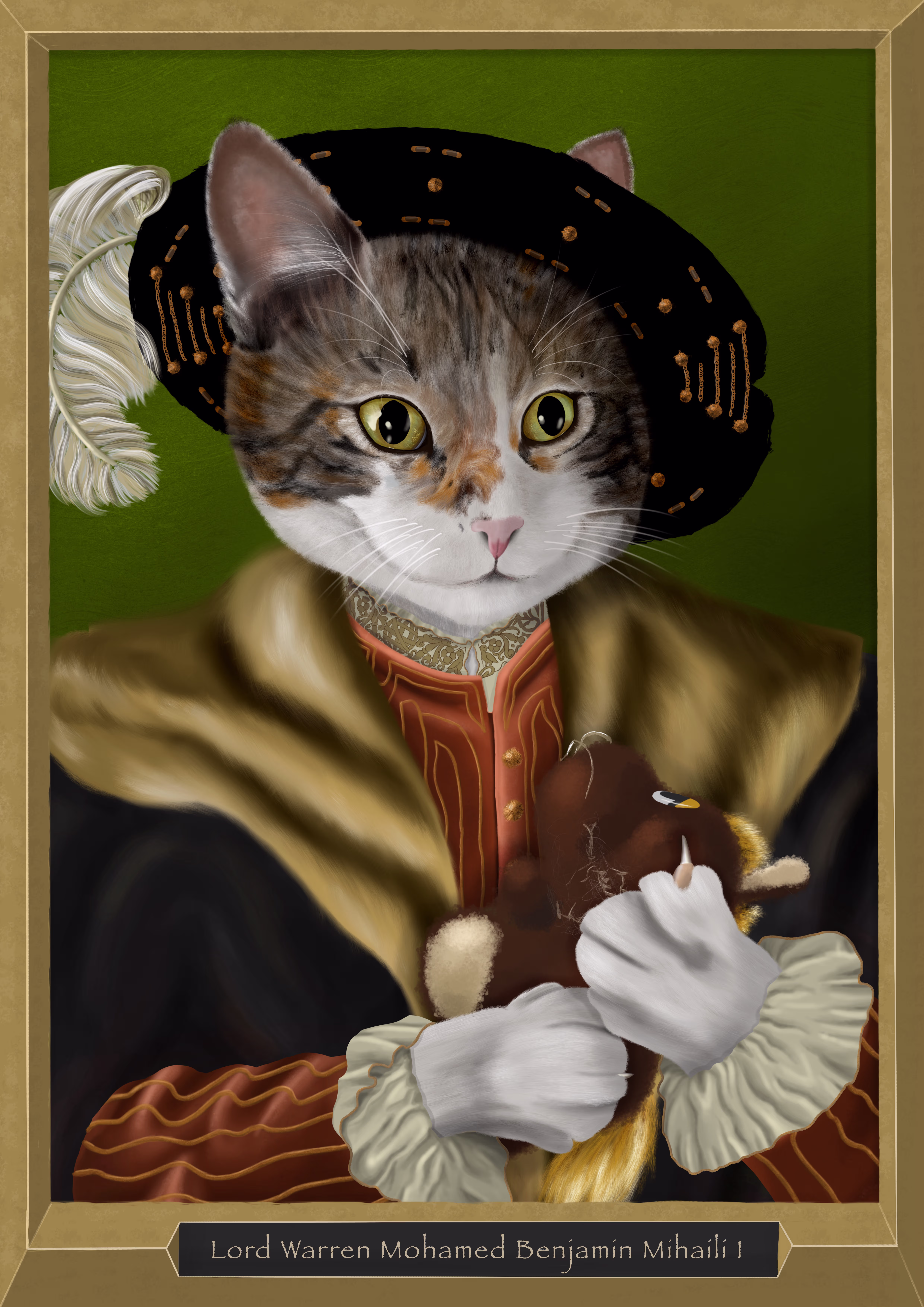 Portrait of a cat emulating an antique royal family painting